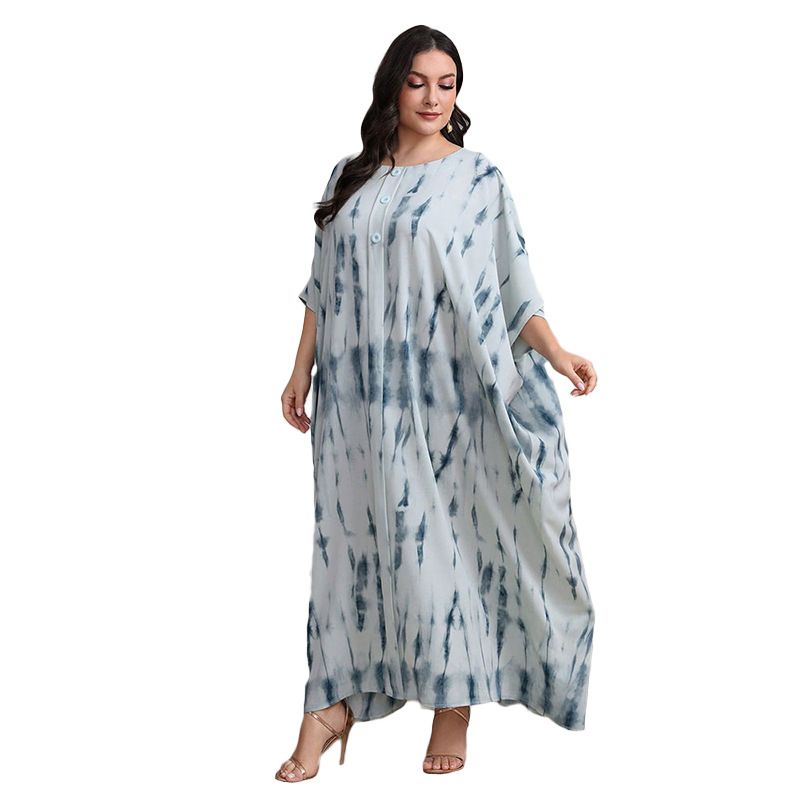 Women's Clothing Muslim Plain Satin Printed Robe Clothing Bat Sleeve Large Size Dress_voghion.com