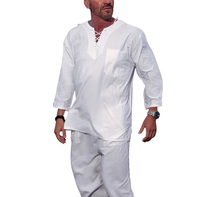 Men's Beach Pants Solid Color Tops Long Sleeve Men's New Casual Beach Cotton and Linen Suit_voghion.com