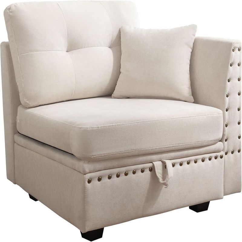 Vintage Modular Sectional Sofa, Convertible Multiple Combination Sofa Couch With Storage, Memory Foam, Vintage Copper Nail Modular Sectionals L-Row Module Beige (1 Side Stool)_voghion.com