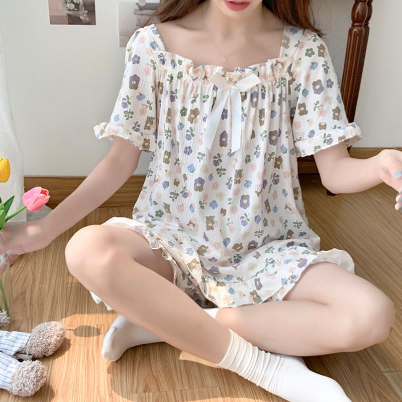 Pijamale din bumbac elastic, cu aspect șifonat, pentru femei, vara anului 2024, pantaloni scurți drăguți cu mânecă scurtă, mărimea 250_voghion.com