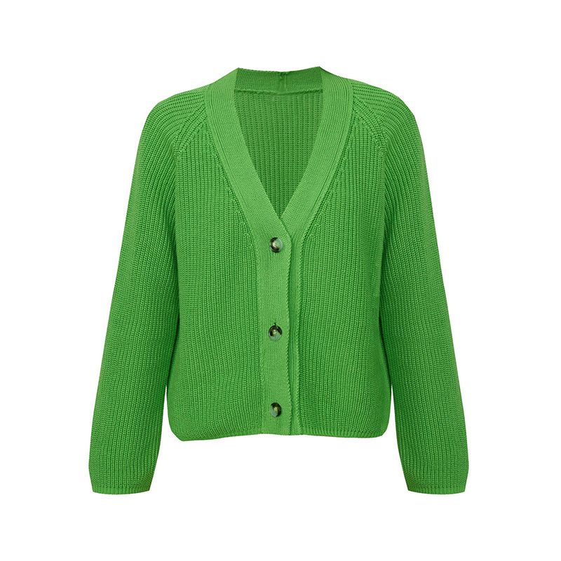 Damen-Pullover mit V-Ausschnitt, kurzer Pullover, Herbst- und Winter-Temperament, Fledermausärmel, Knopf, einfarbig, Strickpullover_voghion.com