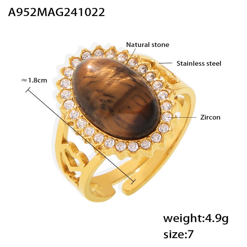 Anello con zircone ondulato, anello aperto con pietra naturale ovale, anello regolabile._voghion.com