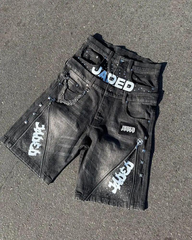 European And American Cross Border Y2k American Retro Double Waist Washed Printed Denim Shorts Street Hip Hop Loose Shorts_voghion.com