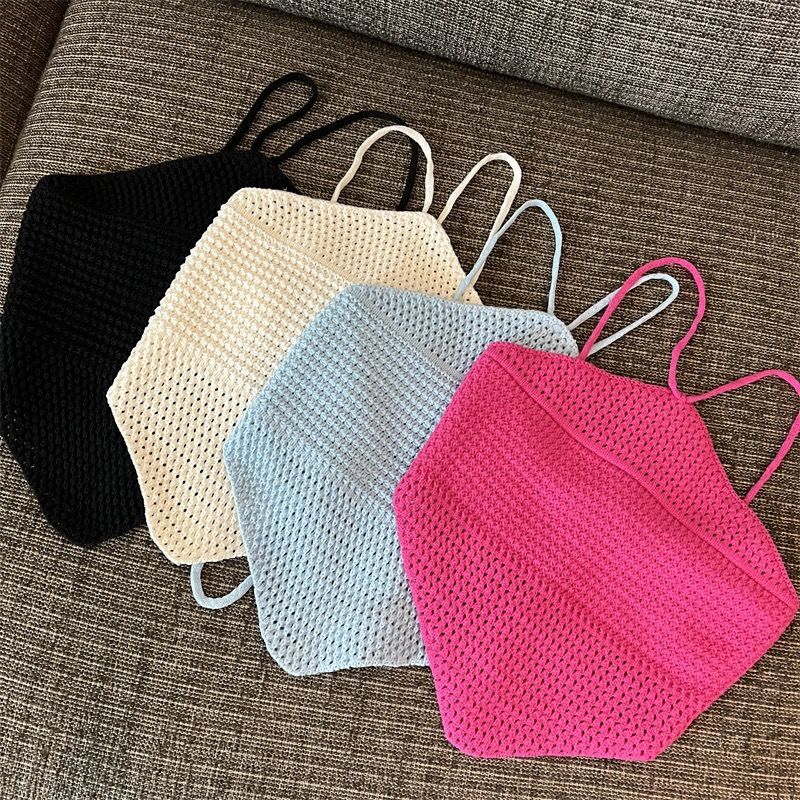 Damenbekleidung Neckholder-Hosenträger Weiblich Sexy Rückenfrei Schnürung Gestrickt Einfarbig Weste Oberbekleidung Tube Top Ärmelloses Top Trendy_voghion.com