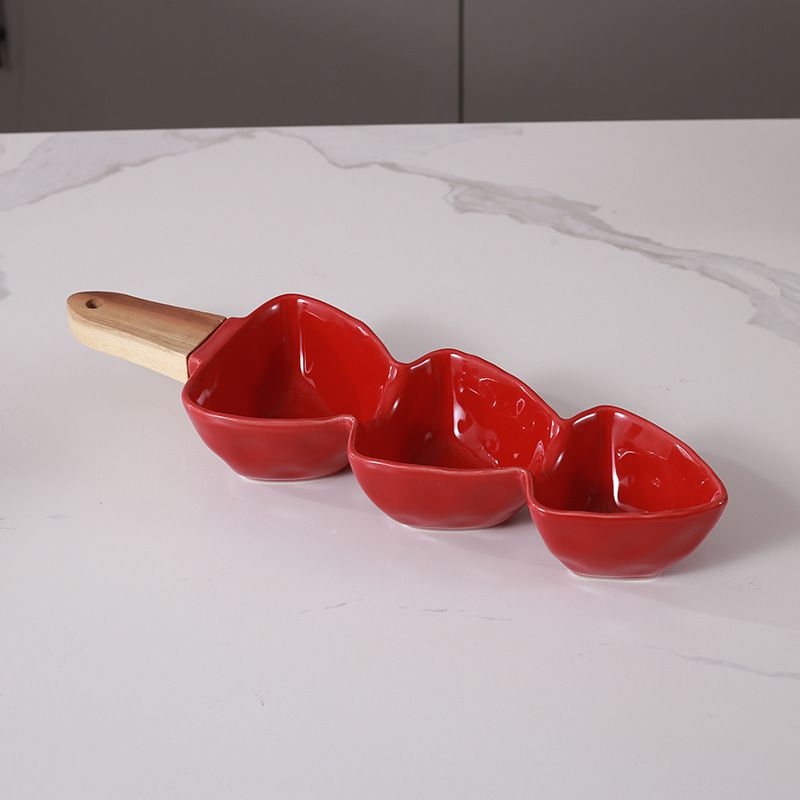 Bamboo Handle Ceramic Bowl Set Aesthetic Serving Dishes For Nuts Snacks Desserts Commercial Grade Handcrafted Pottery Appetizer Plates_voghion.com