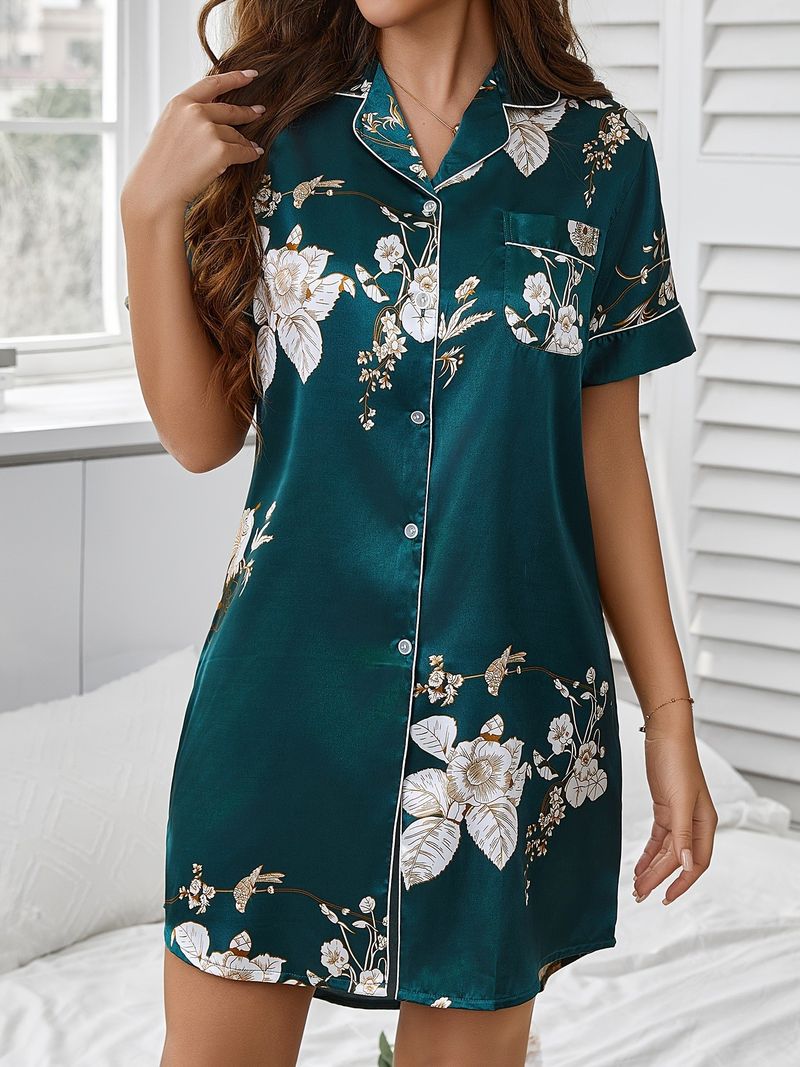 Women's Sleepwears Printed Sexy Casual Shirt Dress Ice Silk Pajamas Nightgown Summer Thin Pajamas Flip_voghion.com