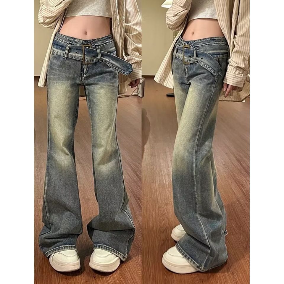 Moteriški drabužiai gatvės diržu platėjantys džinsai moterims rudeniniai aukštu liemeniu laisvi plačios kojos platėjantys kombinezonai kelnės šluostomos kelnės_voghion.com
