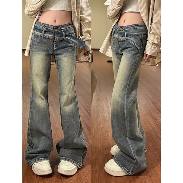 Moteriški drabužiai gatvės diržu platėjantys džinsai moterims rudeniniai aukštu liemeniu laisvi plačios kojos platėjantys kombinezonai kelnės šluostomos kelnės_voghion.com