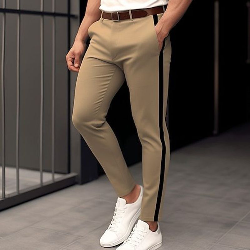 Pantaloni casual alla moda da uomo con motivo a righe laterali - Vestibilità slim, in poliestere elasticizzato, versatili per tutte le stagioni_voghion.com