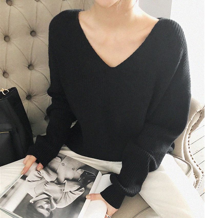Maglieria da donna maglione pullover tinta unita con scollo a V e spalle scoperte_voghion.com