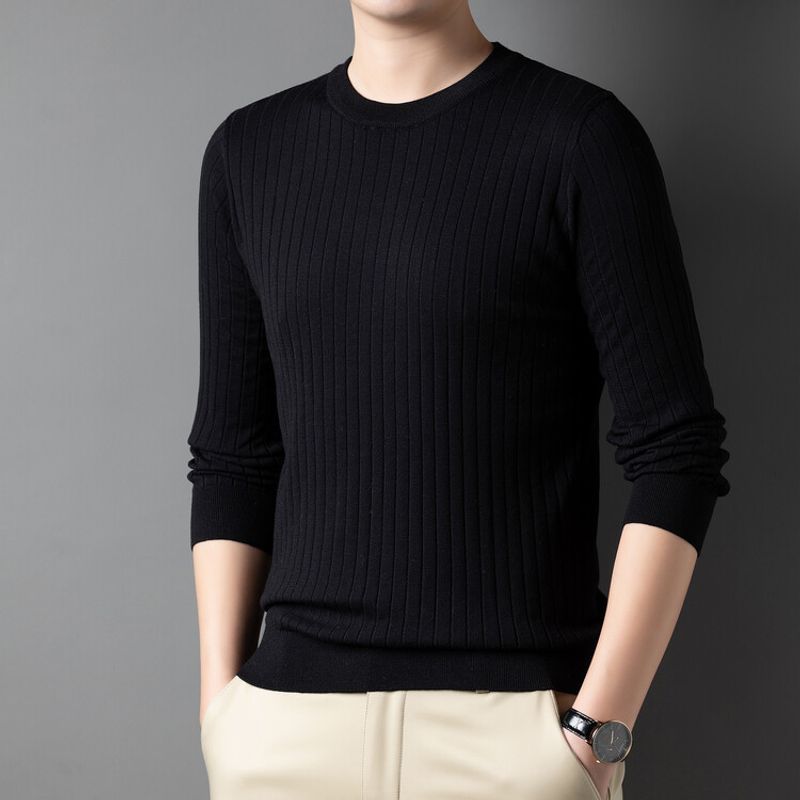 Men's slim fitting vertical striped knitted sweater, simple and solid color youth daily knitted sweater_voghion.com