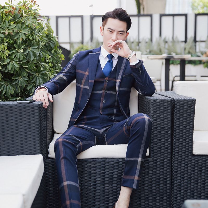 Professionelles dreiteiliges Anzugset für Herren, koreanische Version des Slim Fit-Trends für Herren in großen Größen, Unteranzugset im britischen Stil_voghion.com