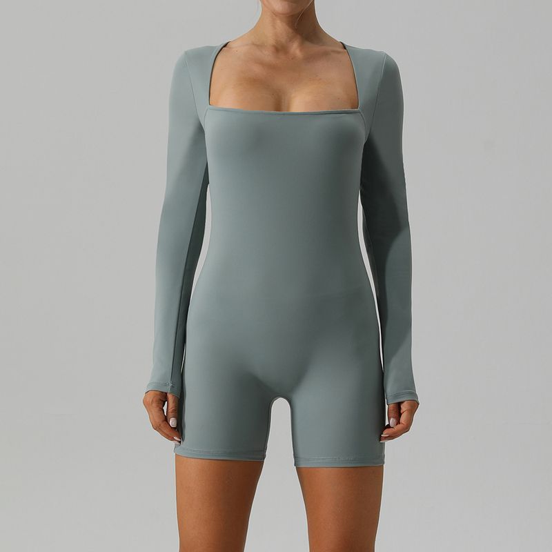 Damenbekleidung Sexy, schmal geschnittener Yoga-Overall mit langen Ärmeln, Balletttanz, All-in-One-Jumpsuit mit engen Sport-Shorts_voghion.com