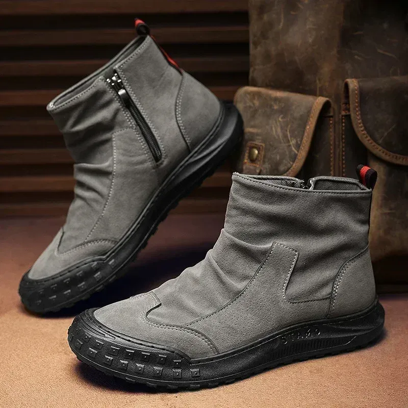 Men's Boots, High Cut Workwear Shoes, Autumn, New Zipper, Pleated, Non-slip, Comfortable, Thick Sole, Wear Resistant,_voghion.com