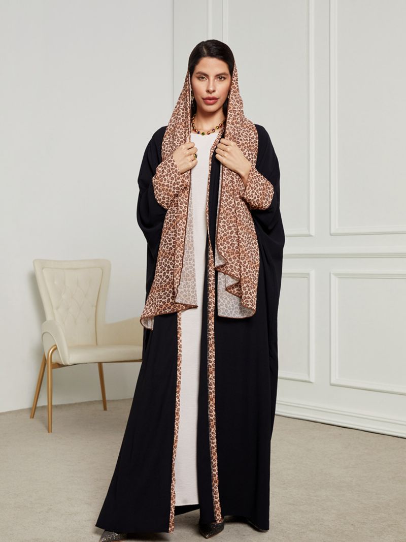 Abito lungo elegante con stampa leopardata, hijab, moda musulmana del Medio Oriente, elegante abito color block in tessuto di poliestere primaverile_voghion.com