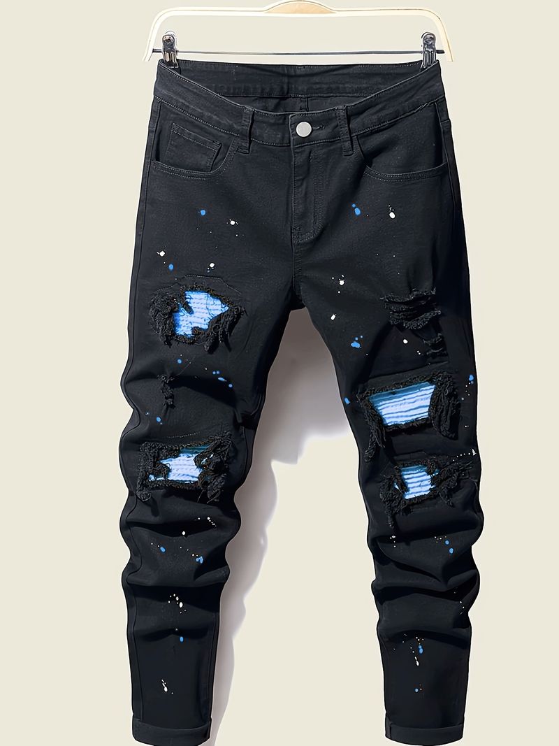 Herren Slim Fit Tinte Splashed Patchwork Farblich passende Skinny Pants Neue Herren Paint Jeans_voghion.com