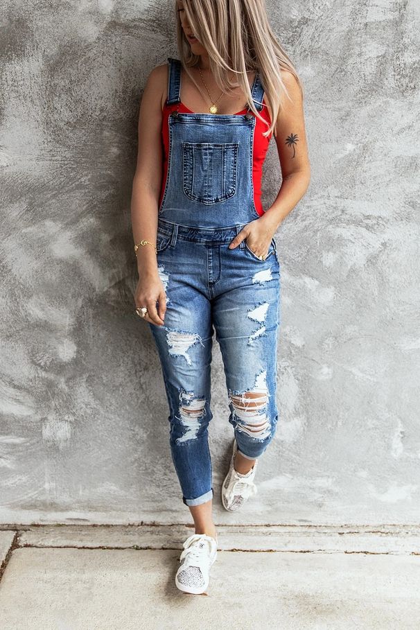 "Premium Hand-Sanded Denim Dungarees | Distressed Skinny Fit | Recycled Cotton Blend | Eco-Friendly Dye | European Festival Outfit"_voghion.com
