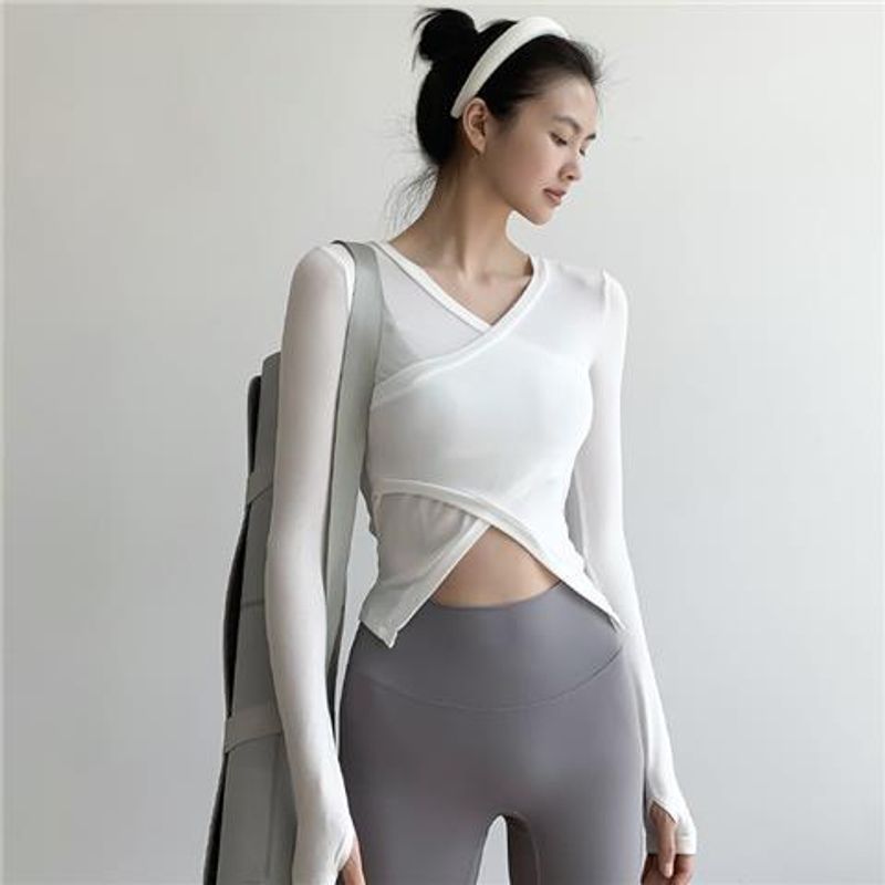 Yoga outfit, women's cross V-neck long sleeved t-shirt, sexy, tight fitting, slimming short fit, fitness suit, running,_voghion.com