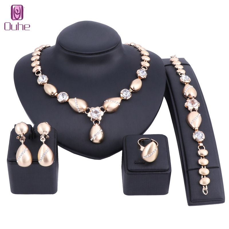 Gold Color Jewelry Sets Women African Water Drop Pandent Necklace Earrings Bracelet Rings Dress Accessories_voghion.com