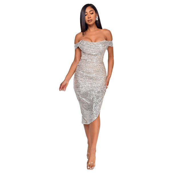 Verve Women's Summer Sequin Side Slit Gown French Off-Shoulder Bodycon Dress_voghion.com