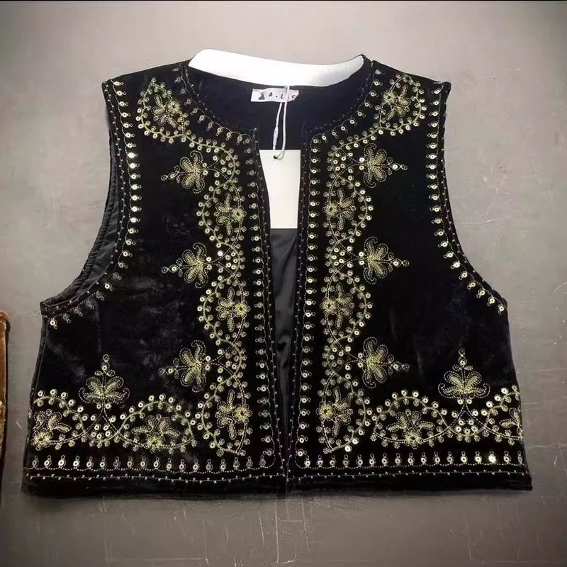 Women's Clothing Retro ethnic style exotic wear black sequin embroidered vest women's velvet waistcoat top_voghion.com