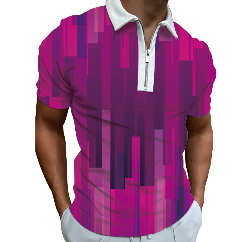 men's fashion casual popular printed polyester short-sleeved zipper polo shirt T-shirt for men_voghion.com