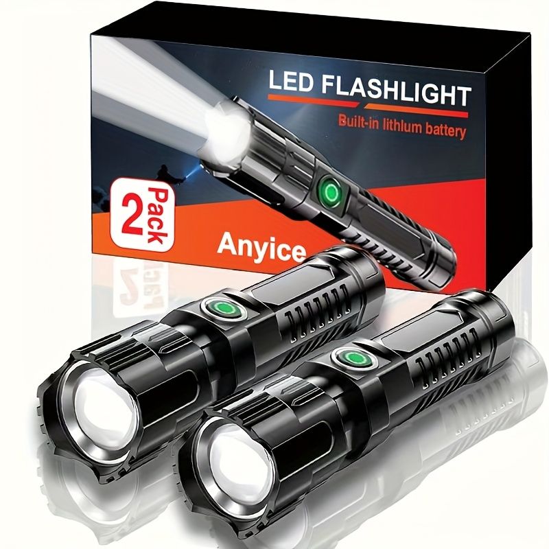 ANYICE 2 Stück superhelle wiederaufladbare LED-Taschenlampe – 3 Beleuchtungsmodi, Zoom, High-Low-Blitz, USB-Kabel enthalten_voghion.com
