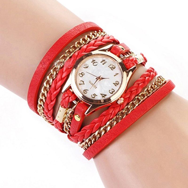 Yamaler Damen-Armbanduhr, lässig, Vintage-Stil, geflochten, mehrschichtig, Kunstlederarmband_voghion.com