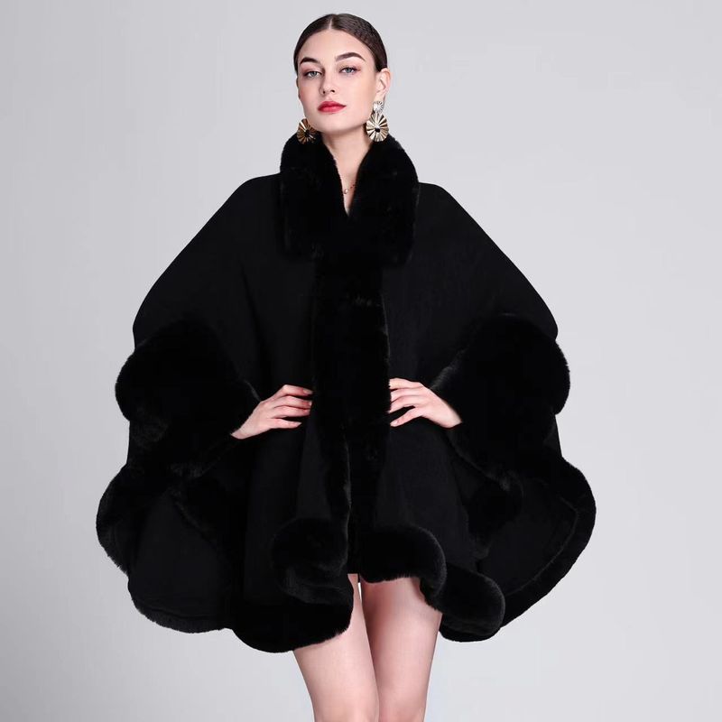Capa de gola de pele, capa solta, cardigan de malha, casaco de capa plus size para mulheres_voghion.com