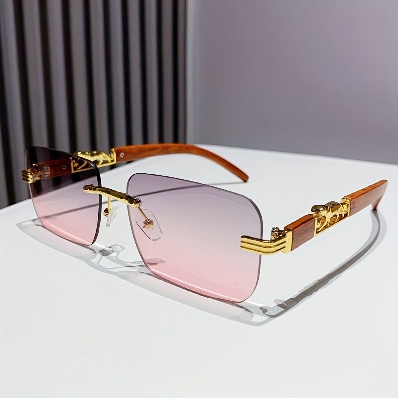 Fashionable glasses cheetah leopard pattern men women, rectangular, rimless, with wood grain, for beach parties and_voghion.com
