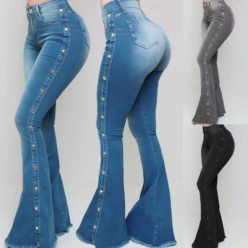 High waist elastic mop flared jeans ladies trousers_voghion.com