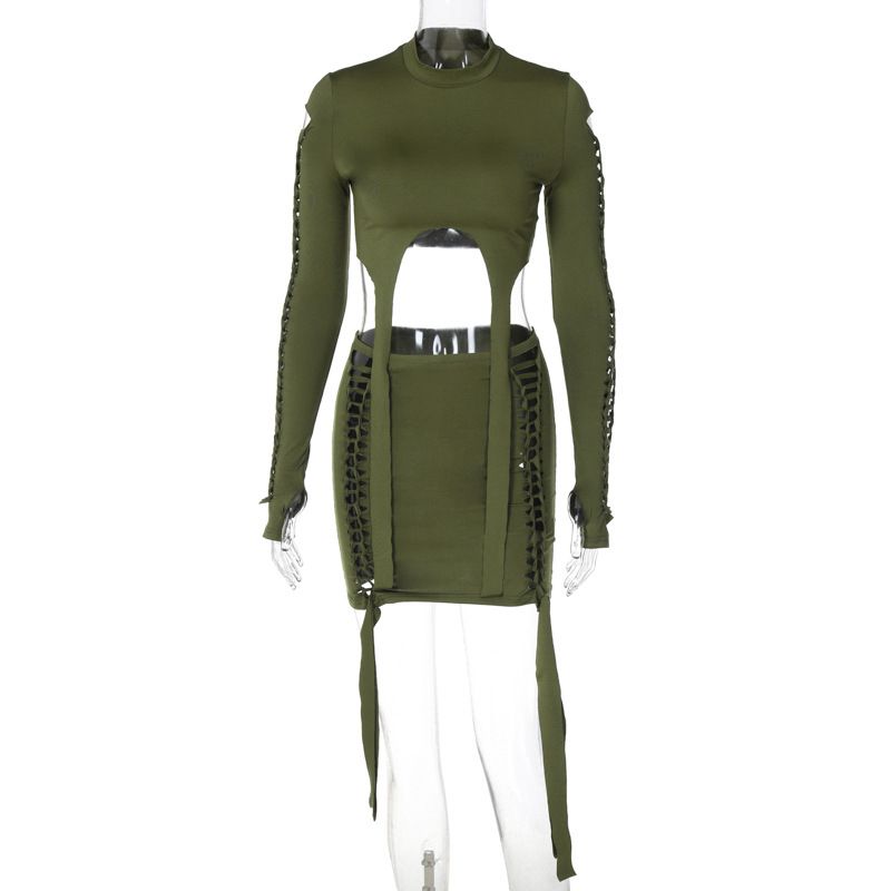 Damenbekleidung Casual Fashion Loch Langarm Top Slim Fit Short Half Rock Set_voghion.com