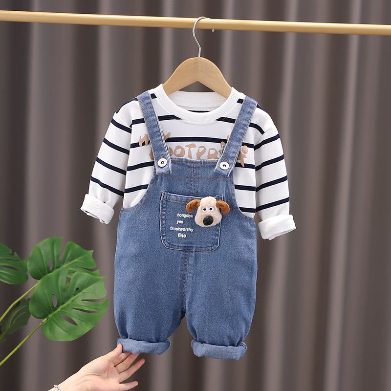 Conjunto de pantalones con tirantes a rayas para niños y niñas de primavera y otoño de 2024 con diseño de animales, nuevo y atractivo estilo_voghion.com