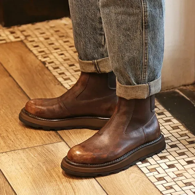 Vintage Herren dicke Plateau High Top Business Arbeitssicherheitsschuhe aus echtem Leder neue runde Zehen Slip-On Stiefeletten_voghion.com