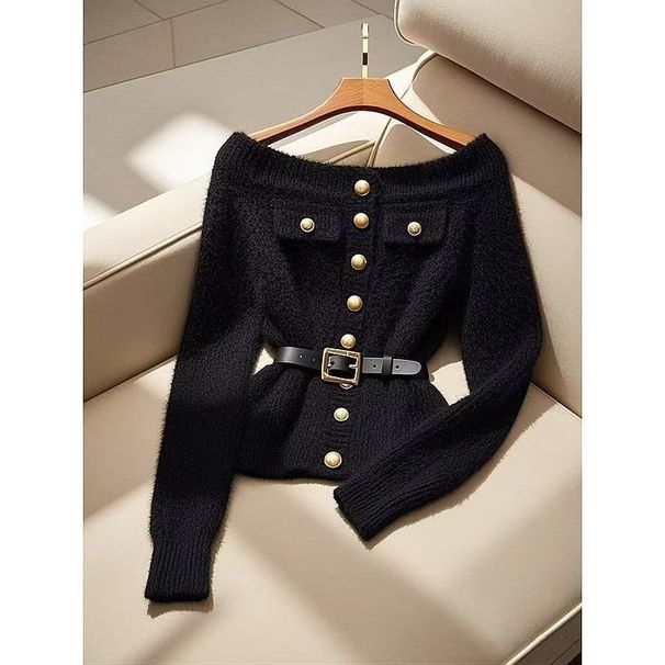 Damkläder svart enaxlad förtjockad tröja för kvinnor vinterkläder liten doft stil temperament midja exklusiv topp_voghion.com