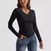 Women's Slim Fit V-Neck Long Sleeve T-Shirt - Stretchy Milk Silk Blouse For Layering_voghion.com