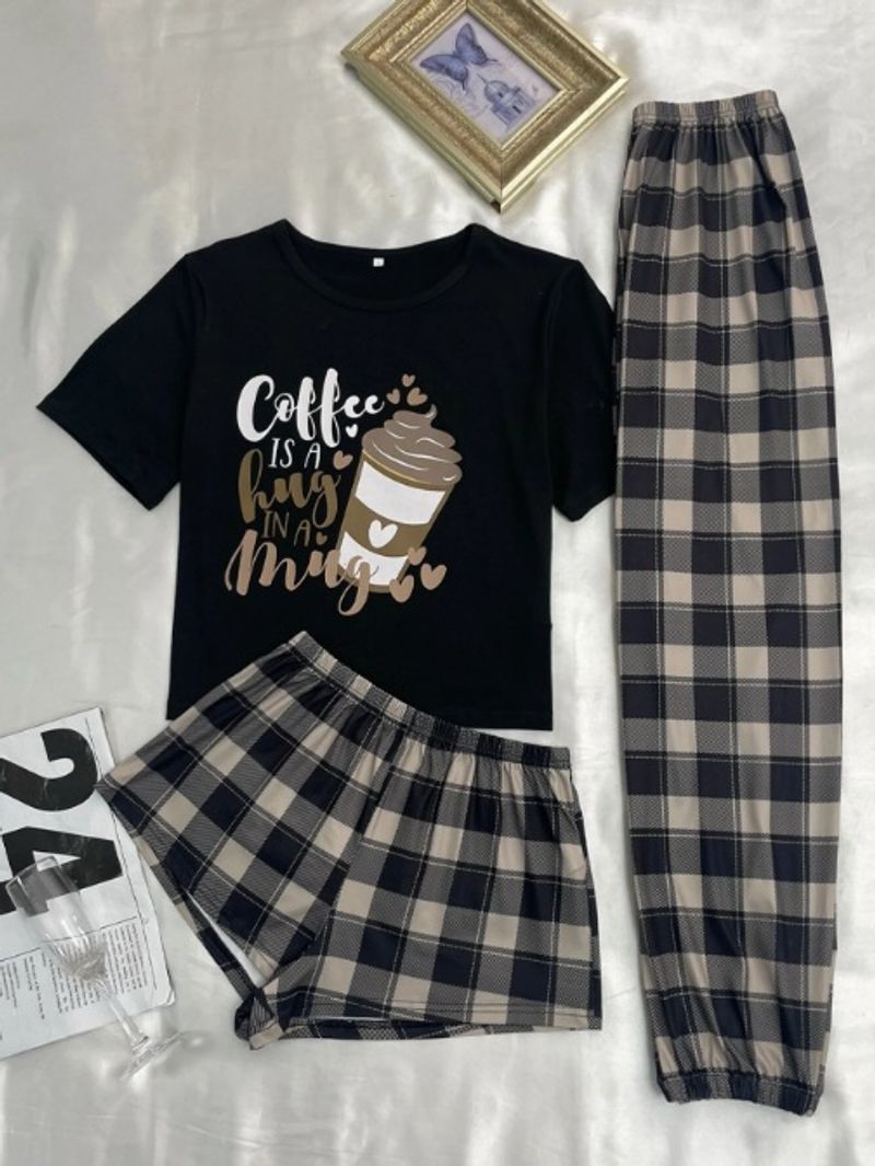 Women's Sleepwears Three Piece Suit Pajamas Women Cartoon Plaid Shorts Trousers Milk Silk Home Clothes Thin Style_voghion.com