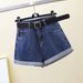 Black and gray denim shorts for female students in the summer of 2024, new rolled edge A-line that look slimming, Korean_voghion.com