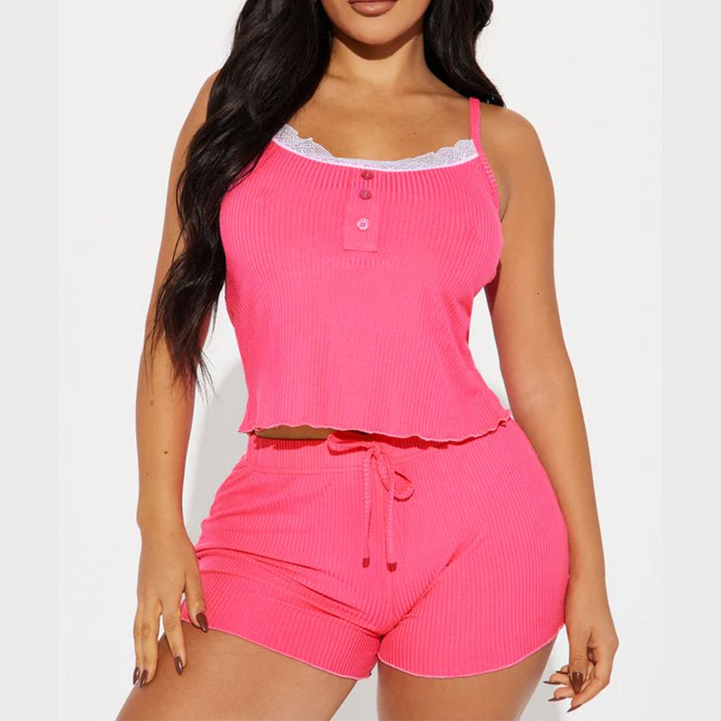 Women's Clothing Sexy Camisole Lace Stitching Button Pit Pattern Short Suit_voghion.com
