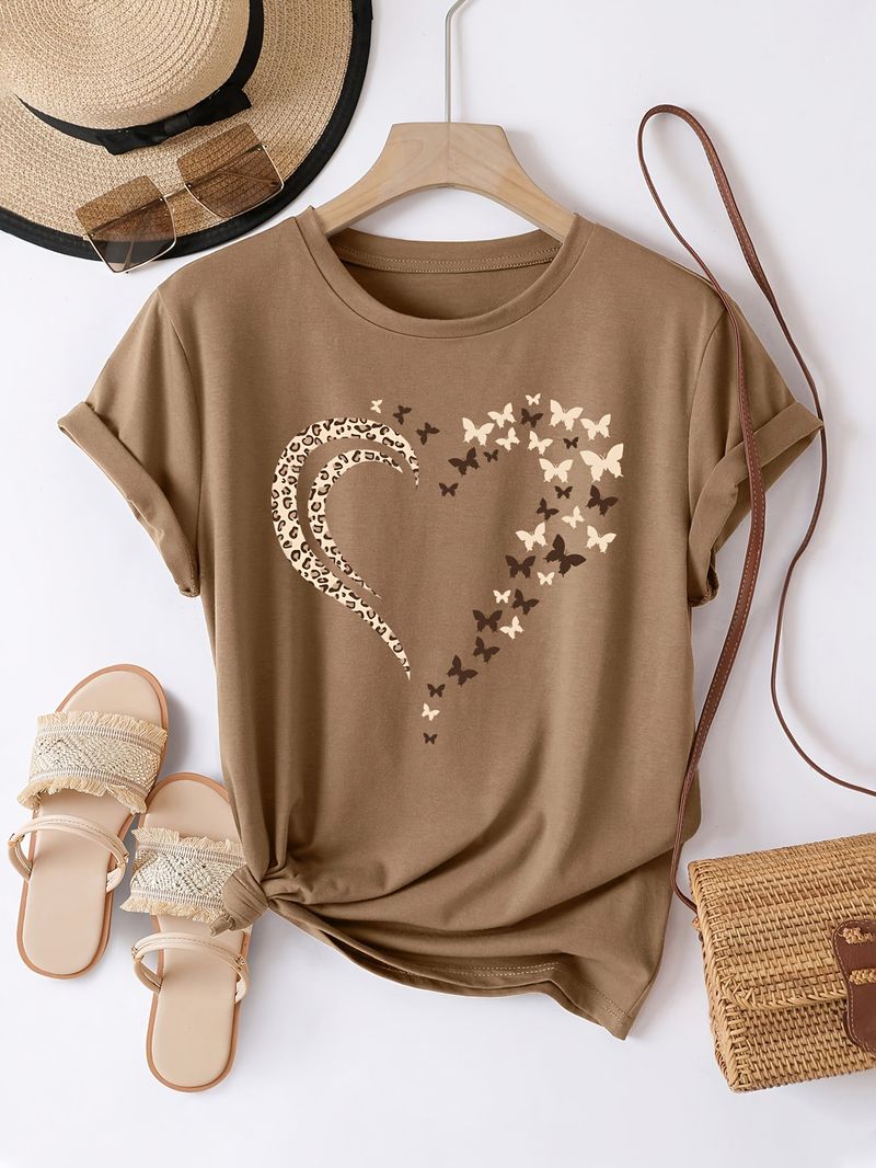 Casual Crew Short Sleeve T-Shirt, Women'S Polyester Basic Round Neck Pullover, Heart Butterfly Pattern, With Slight_voghion.com