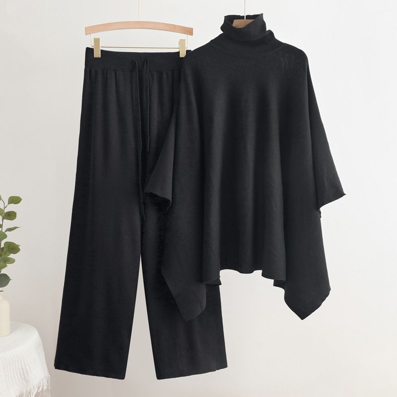 Vêtements pour femmes automne et hiver nouveau costume deux pièces col haut cape couleur unie pull tricoté taille élastique pantalon large costume de tempérament_voghion.com