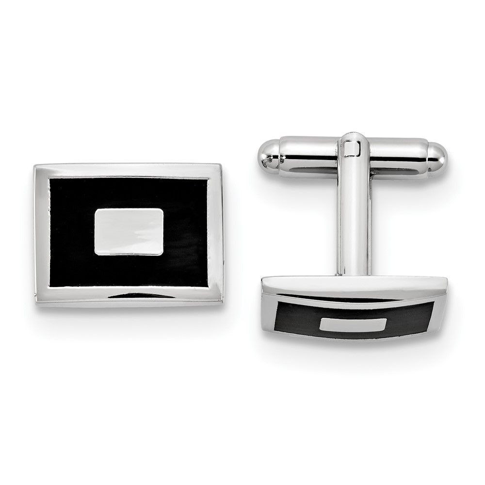 Silver-tone Black Enameled Rectangular Cuff Links_voghion.com