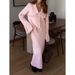 Women's Autumn Winter Solid Color Knit Sweater Set Lapel Polo Shirt With Flared Sleeves & Midi Skirt Two-Piece Outfit_voghion.com