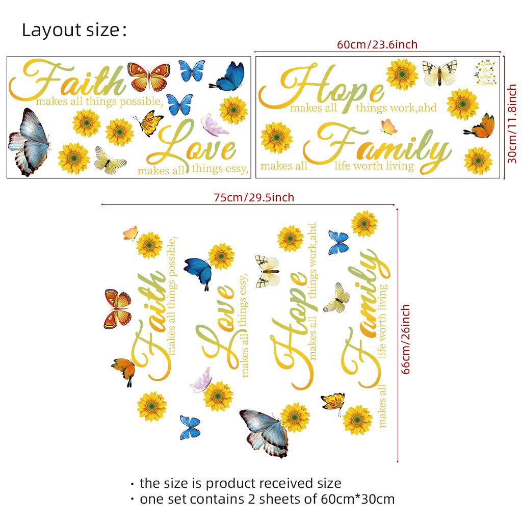 Wiara Miłość Nadzieja Kolorowe Motyle PCV CH81425 Dekoracyjne Naklejki Ścienne do Salonu i Sypialni_voghion.com