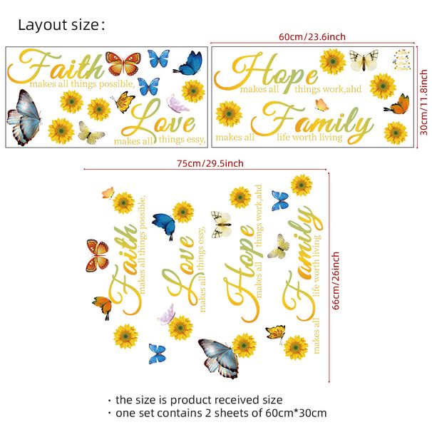 Wiara Miłość Nadzieja Kolorowe Motyle PCV CH81425 Dekoracyjne Naklejki Ścienne do Salonu i Sypialni_voghion.com
