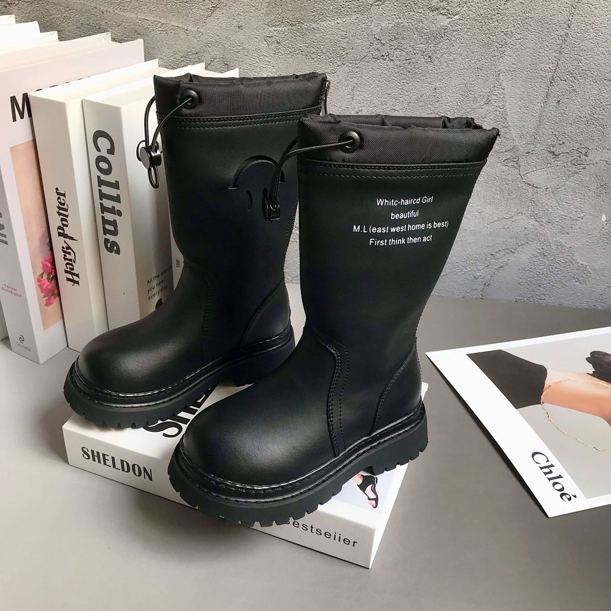 Girls' Boots 2023 Autumn and Winter New Children's Letter Smiley Boots Girls' Drawstring Mid-calf Boots Girls' Martin Boots_voghion.com