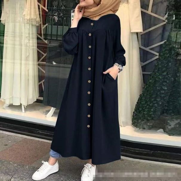 Women's clothing Muslim new solid color long sleeved shirt dress casual pocket robe_voghion.com