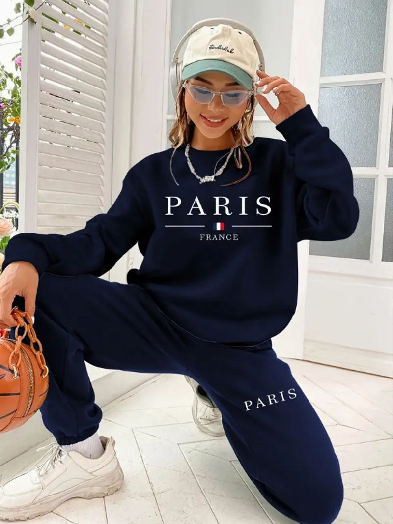 Tuta da donna stampata in due pezzi, con maglia a maniche lunghe e pantaloni con coulisse in vita, abbigliamento sportivo casual per primavera e autunno._voghion.com