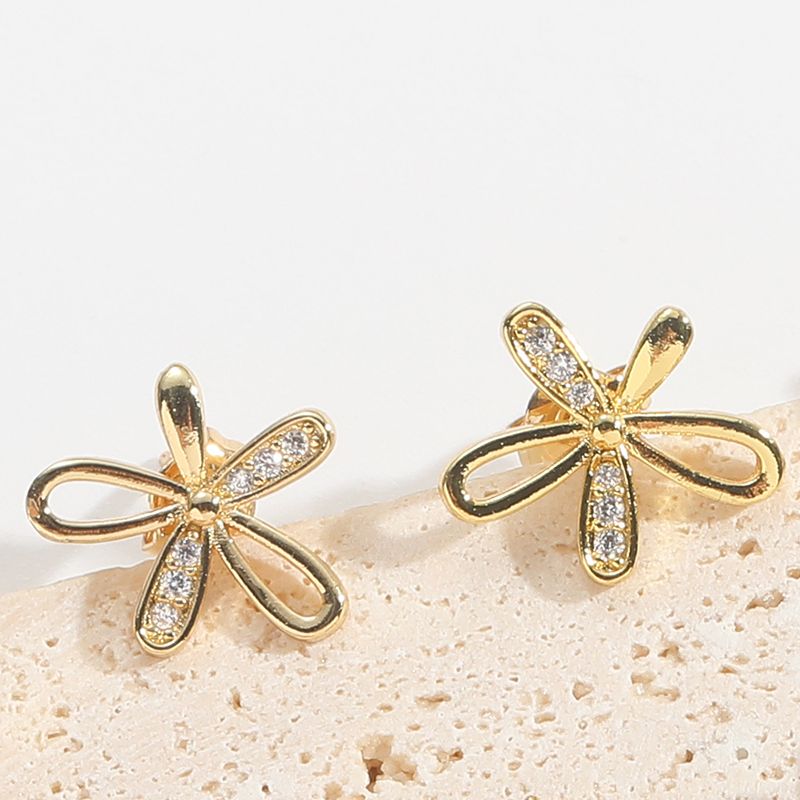 1 paio di orecchini a bottone placcati in oro 14K, eleganti e semplici, a forma di cuore, con intarsi in smalto e zirconi di rame_voghion.com
