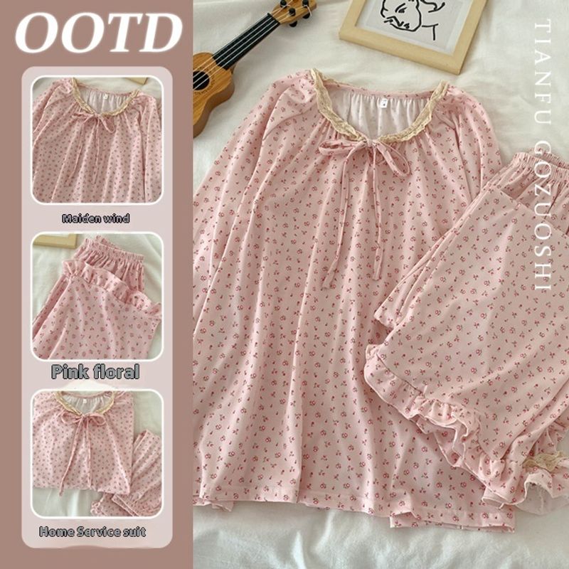 [  Cotton Fabric] 2024 New Korean Pink Sweet Girl's Pajama Set for Women's Spring and Autumn Home Furnishings_voghion.com